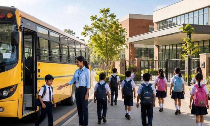A BTT Travels attendant guiding schoolchildren aboard a school bus