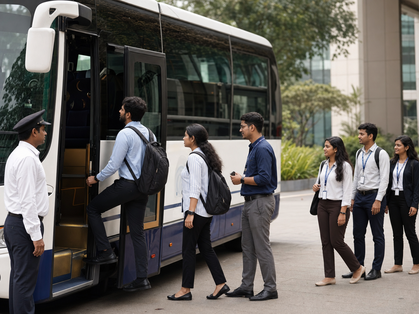 Passengers boarding a corporate employee transport coach