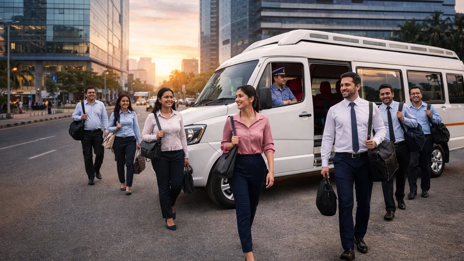 Office staff boarding a BTT Travels shuttle in the city at sunset