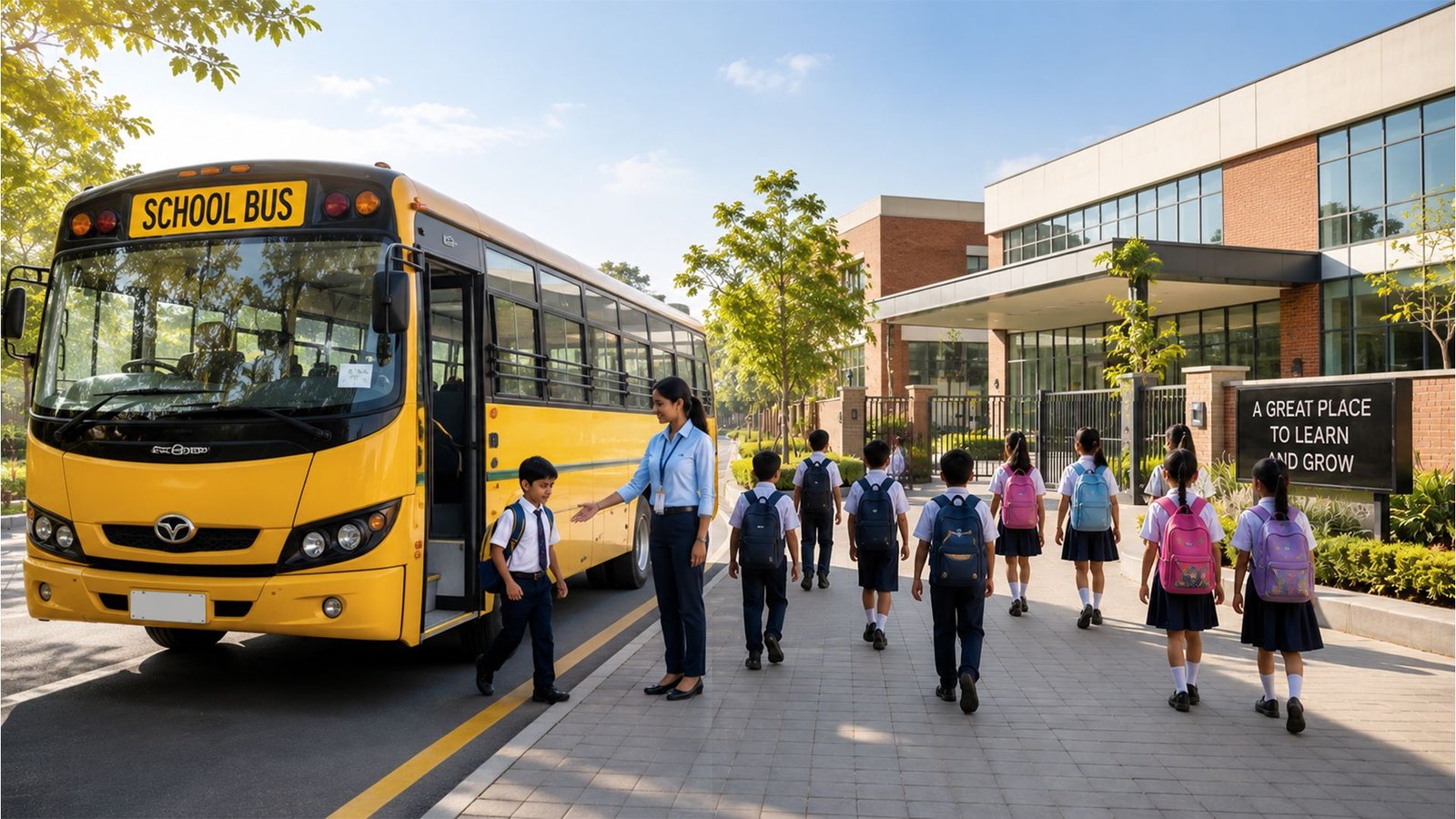 Schoolchildren arriving at school from a BTT Travels bus
