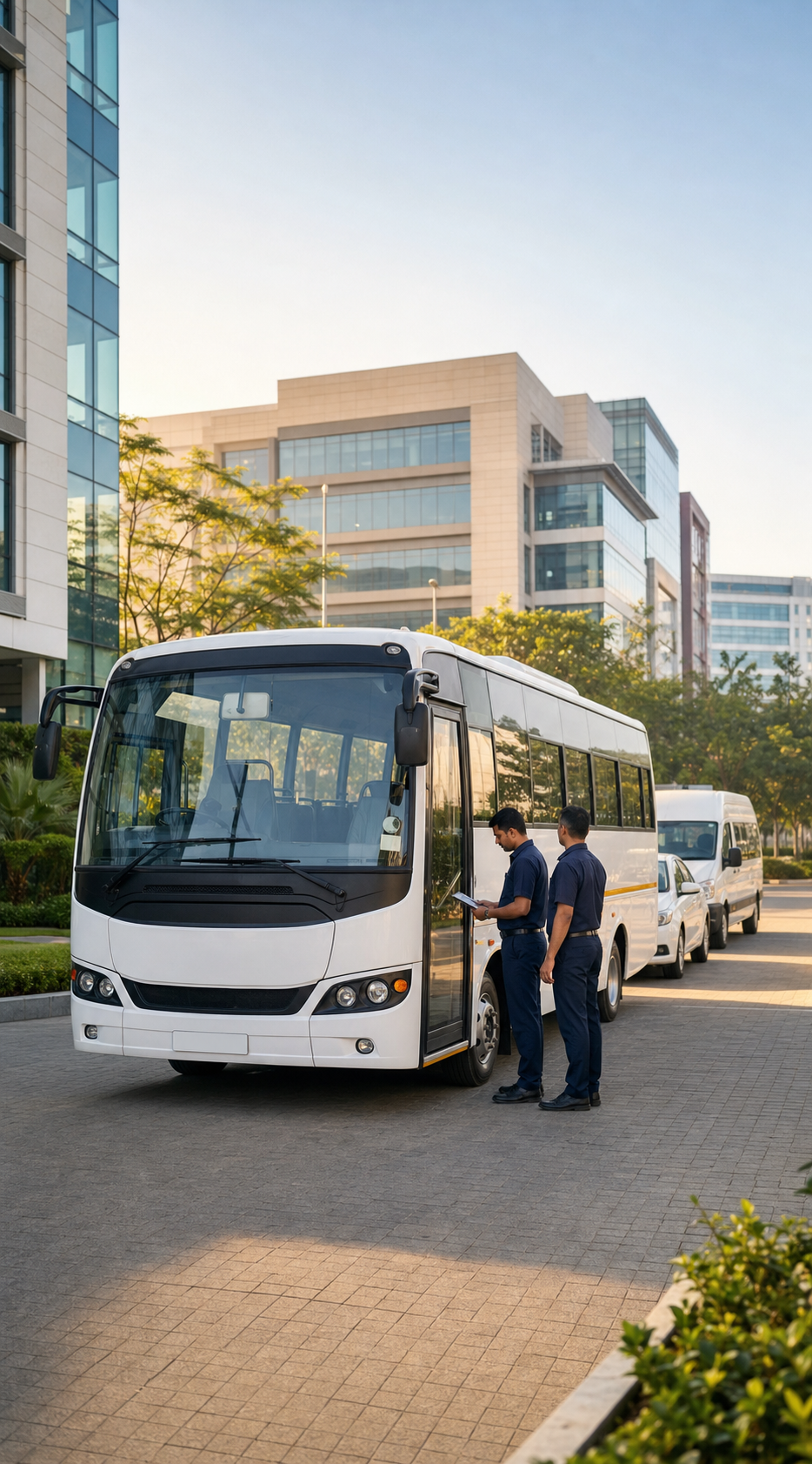 A corporate shuttle fleet undergoing pre-departure checks at a business campus