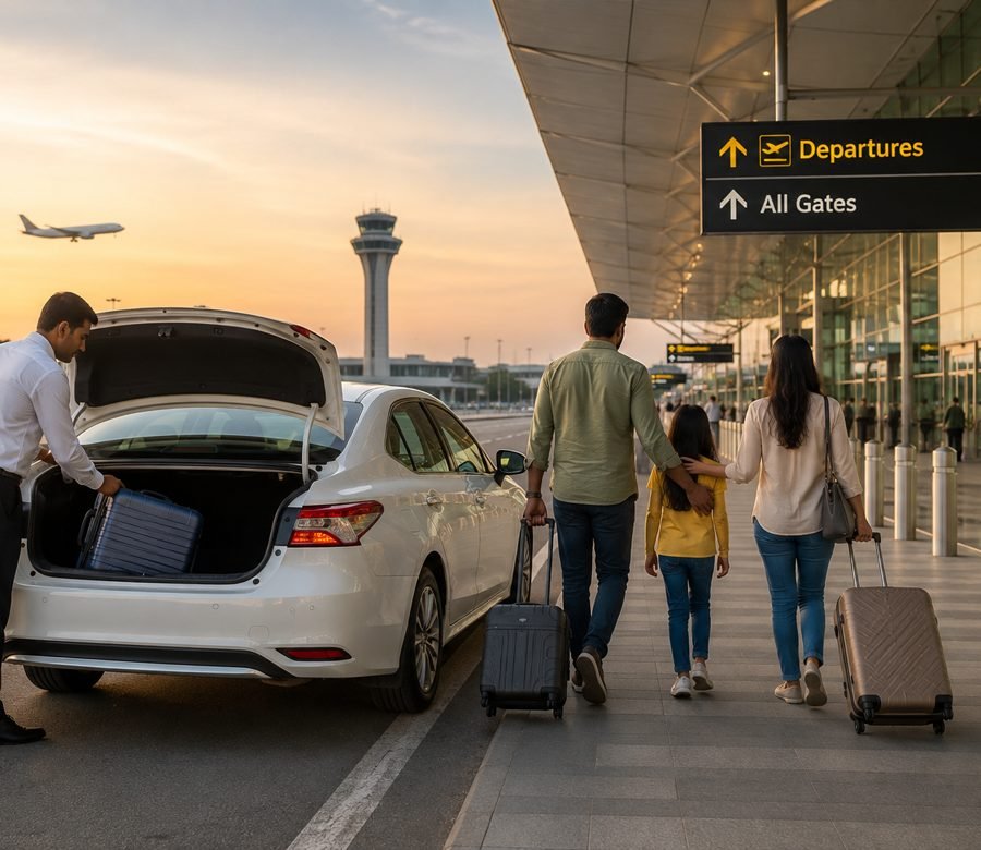 A BTT Travels sedan dropping a family at airport departures