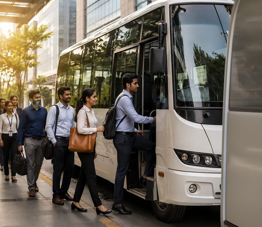 Employees boarding a BTT Travels shuttle outside a corporate office