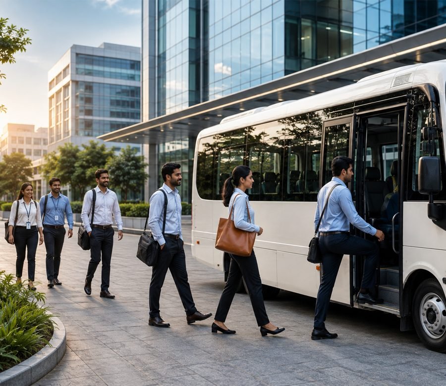 A corporate shuttle loading at a scheduled pick-up point